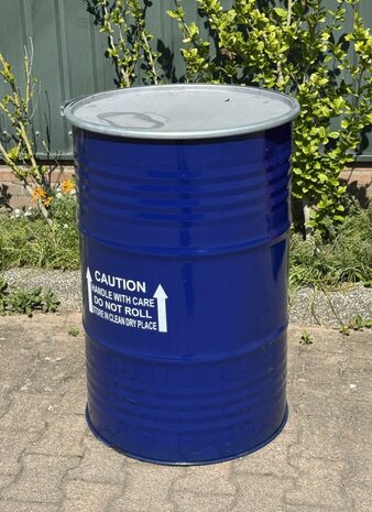 Vat 200 liter Blauw- grijze deksel. 