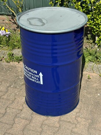 Vat 200 liter Blauw- grijze deksel. 