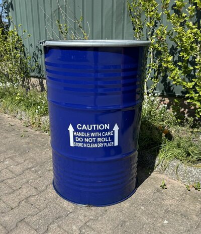 Vat 200 liter Blauw- grijze deksel. 