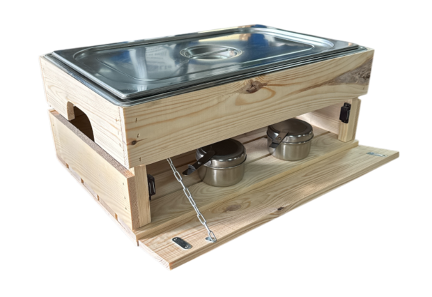 Kist voor gastronormbak nieuw naturel 55.5cm  losse plank - magneetjes( Geschikt voor waterbak en binnenbak&nbsp;chafing dish&nbsp; )