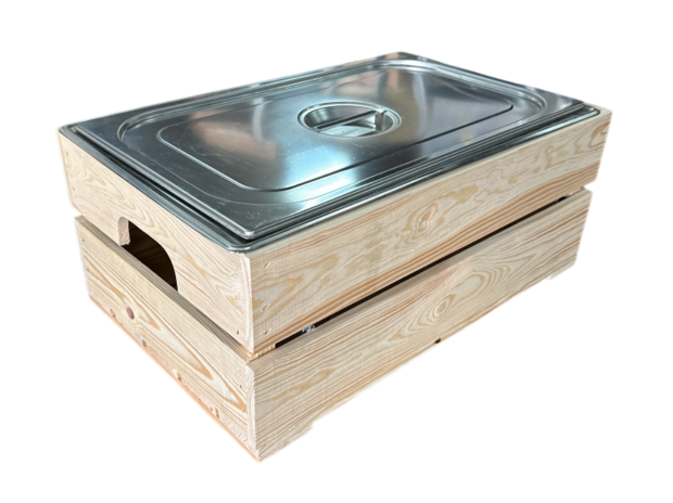 Kist voor gastronormbak nieuw naturel 55.5cm  losse plank - magneetjes( Geschikt voor waterbak en binnenbak&nbsp;chafing dish&nbsp; )