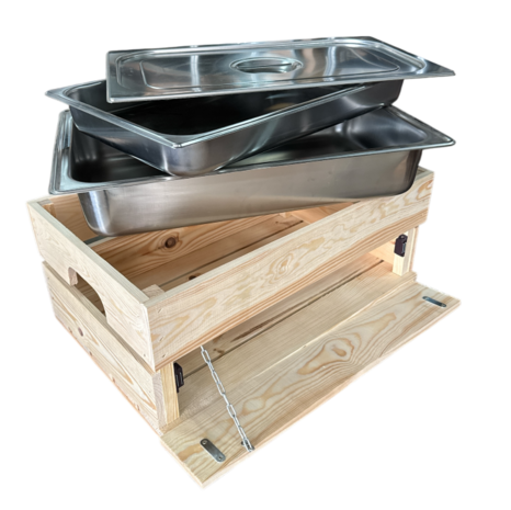 Kist voor gastronormbak nieuw naturel 55.5cm  losse plank - magneetjes( Geschikt voor waterbak en binnenbak&nbsp;chafing dish&nbsp; )