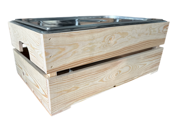 Kist voor gastronormbak nieuw naturel 55.5cm  losse plank - magneetjes( Geschikt voor waterbak en binnenbak&nbsp;chafing dish&nbsp; )
