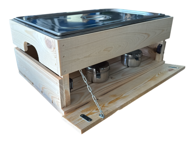 Kist voor gastronormbak nieuw naturel 55.5cm  losse plank - magneetjes( Geschikt voor waterbak en binnenbak&nbsp;chafing dish&nbsp; )