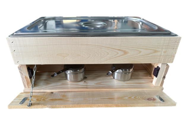 Kist voor gastronormbak nieuw naturel 55.5cm  losse plank - magneetjes( Geschikt voor waterbak en binnenbak&nbsp;chafing dish&nbsp; )