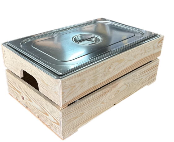 Kist voor gastronormbak nieuw naturel 55.5cm  losse plank - magneetjes( Geschikt voor waterbak en binnenbak&nbsp;chafing dish&nbsp; )
