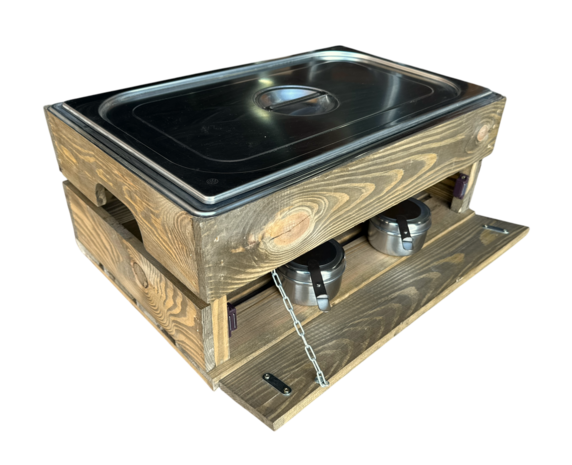 Licht beschadigd (4x) Kist voor gastronormbak nieuw Old Brown 55.5cm  losse plank - magneetjes( Geschikt voor waterbak en binnenbak&nbsp;chafing dish&nbsp; )